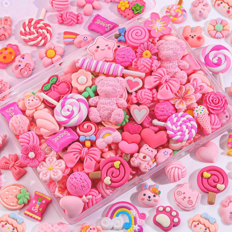Glitzest 60PCS TINKRSTUFF Pink Slime Charms Cute Flatback Resin Charms for Slime, Random Kawaii Decoden Charm for Embellishments Phone Junk Case Charms Bulk Rainbow Bow Heart Lollipop, Scrapbooking DIY Decor - Image 1